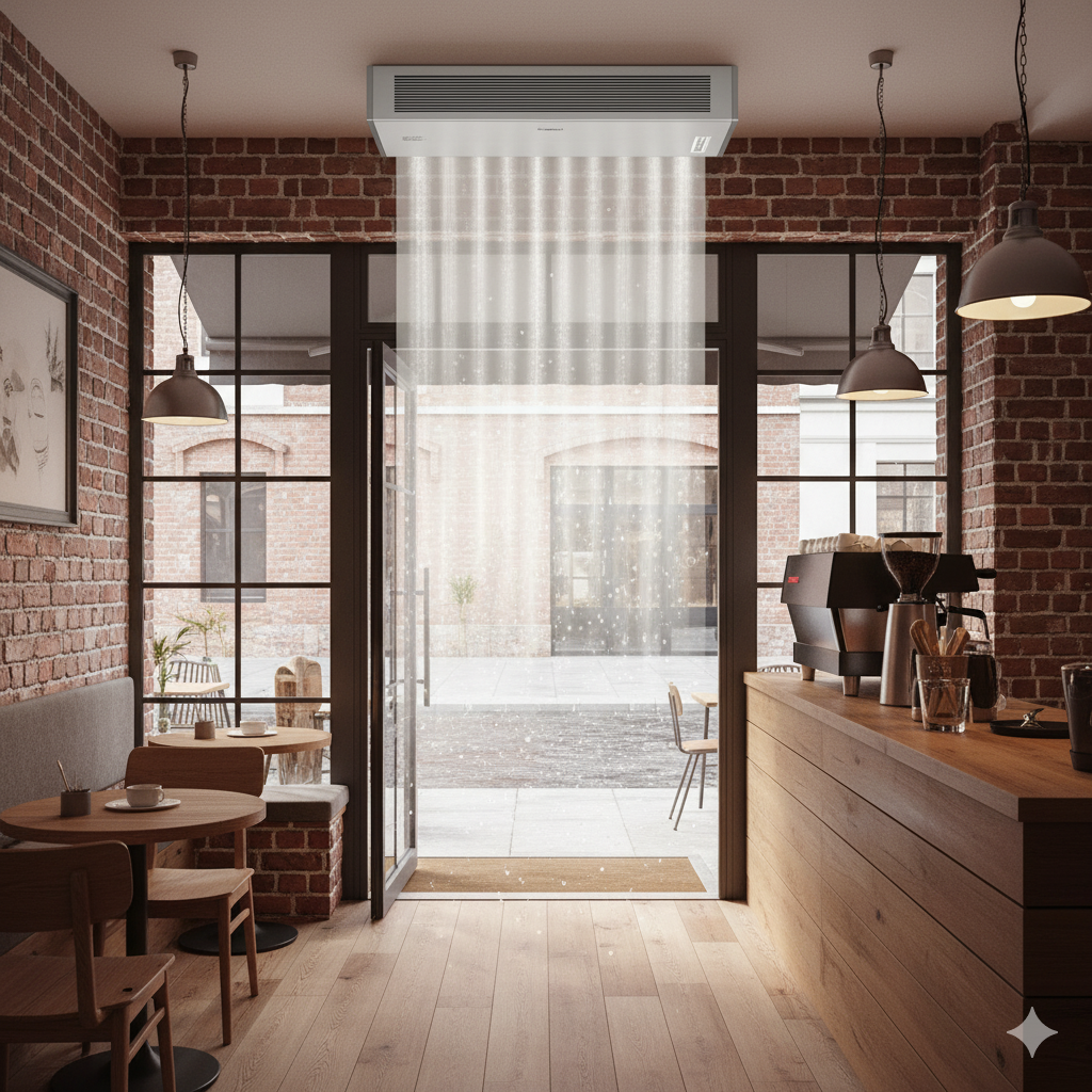 An air curtain operating over a commercial doorway